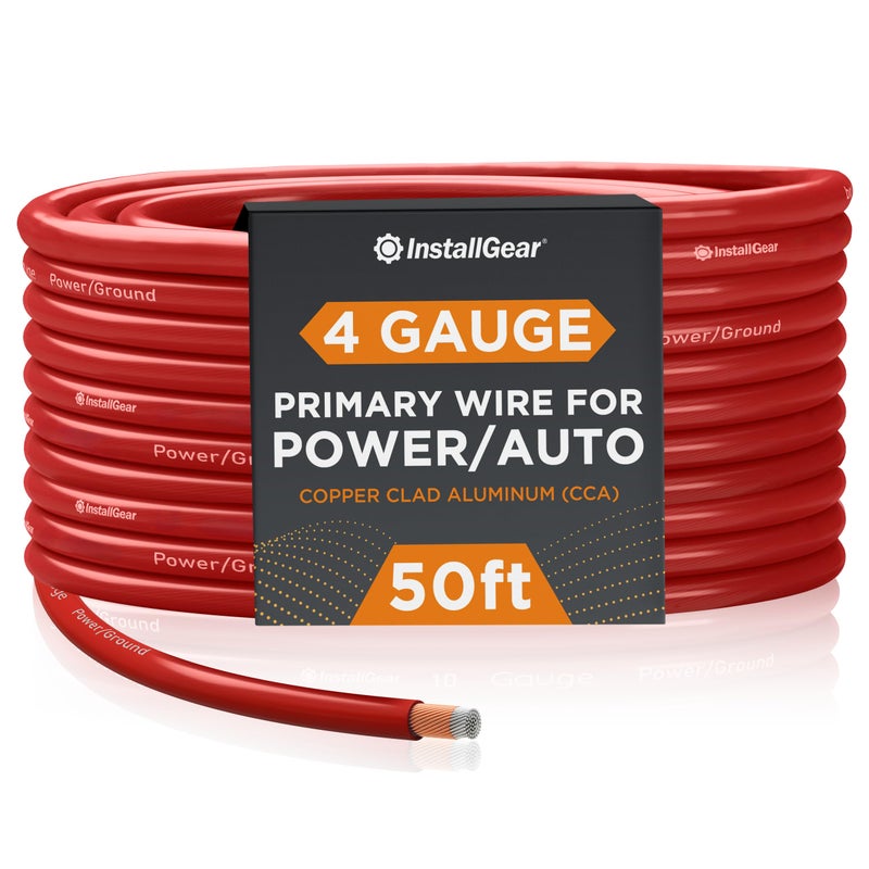 InstallGear 4 Gauge Copper Clad Aluminum Wire - 50 Ft 4GA Power Ground Cable for Car Audio, Battery, RV, Trailer and Automotive Wiring - Flexible Car Amplifier - Red - Image 1